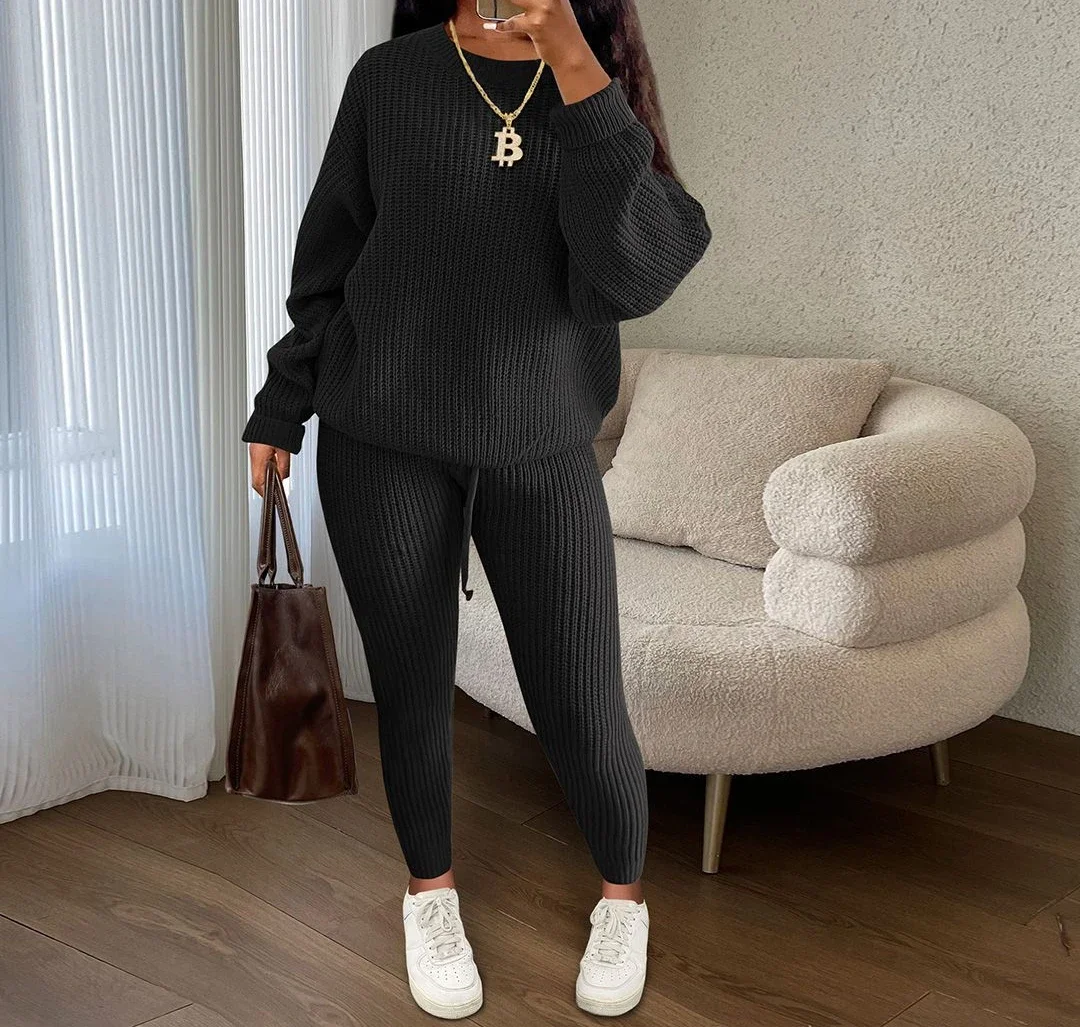 Two Piece Sets Women Clothing 2024 Autumn/winter Fashion Casual Solid Round Neck Pullover Loose Pit Knitted Sweater Pants Suits