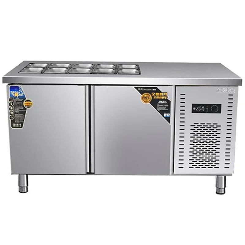 All-in-One Stainless Steel Beverage Counter with Sink, Refrigerated and Frozen Workstation for Bubble Tea Shops(Customized)