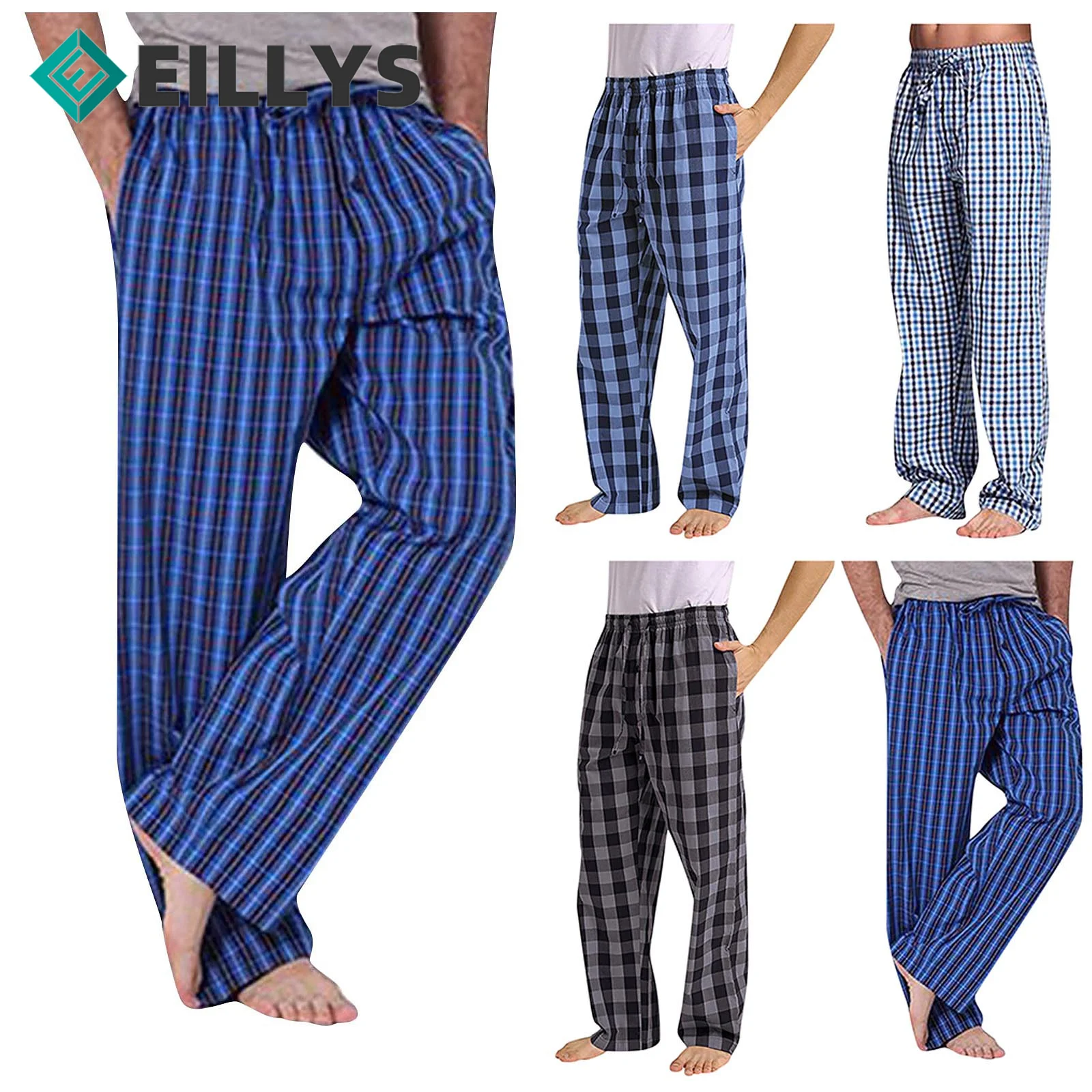 Japanese-style Lattice Home Trousers Elastic Band Men’s Casual Pants Drawstring Loose Bottoms Cotton Casual Straight-leg Pants