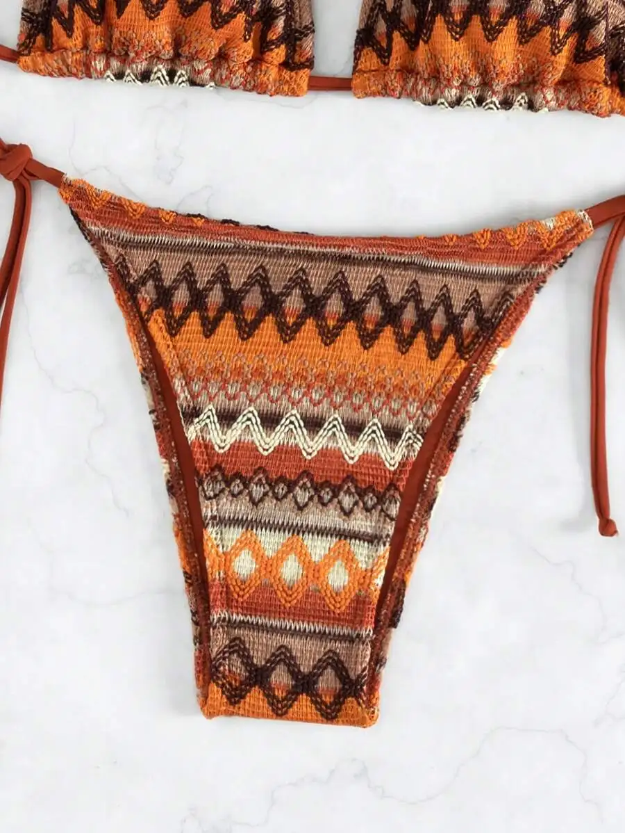 

Summer Beach Geometric Print Halter Triangle Tie Side Bikini Set