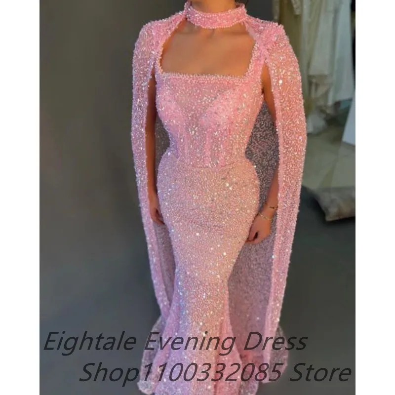 Eightale 2023 Glitter สีชมพู Mermaid Evening Dresses Cape Sparkle เลื่อมชุดราตรีดูไบอย่างเป็นทางการพรรค Gown