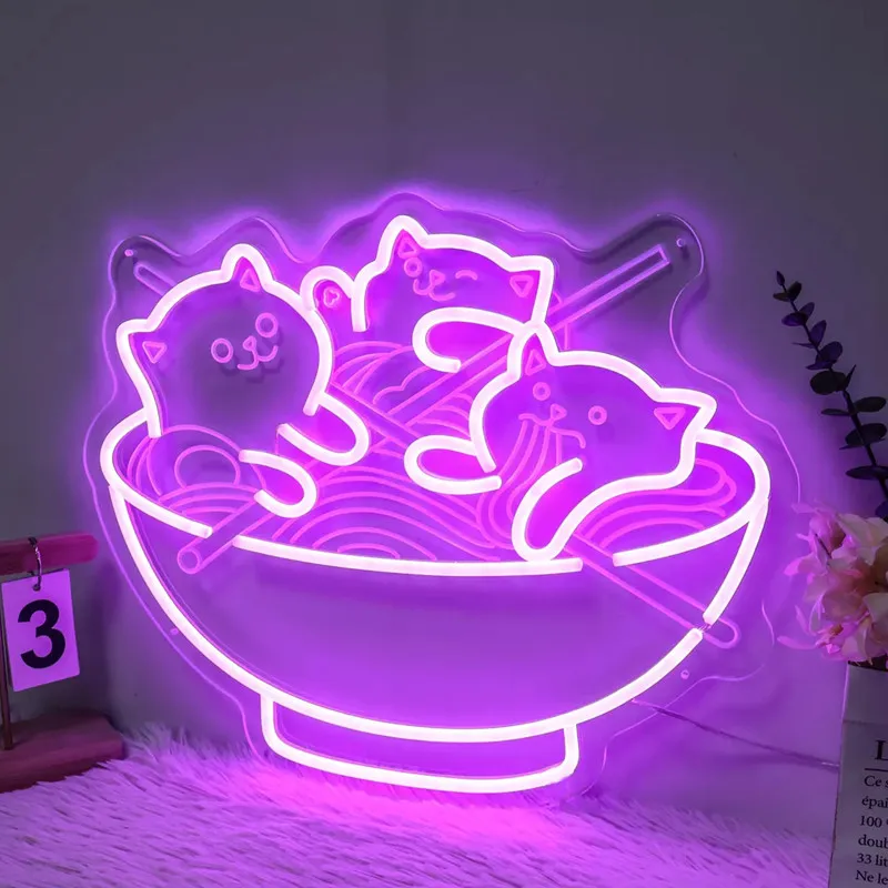 Ramen Cat Led Neon Sign,Cute Cat Noodles Neon Light, Kawaii Anime Decor,Handmade LED Light Sign, Resturant Room Dorm Wall Decor