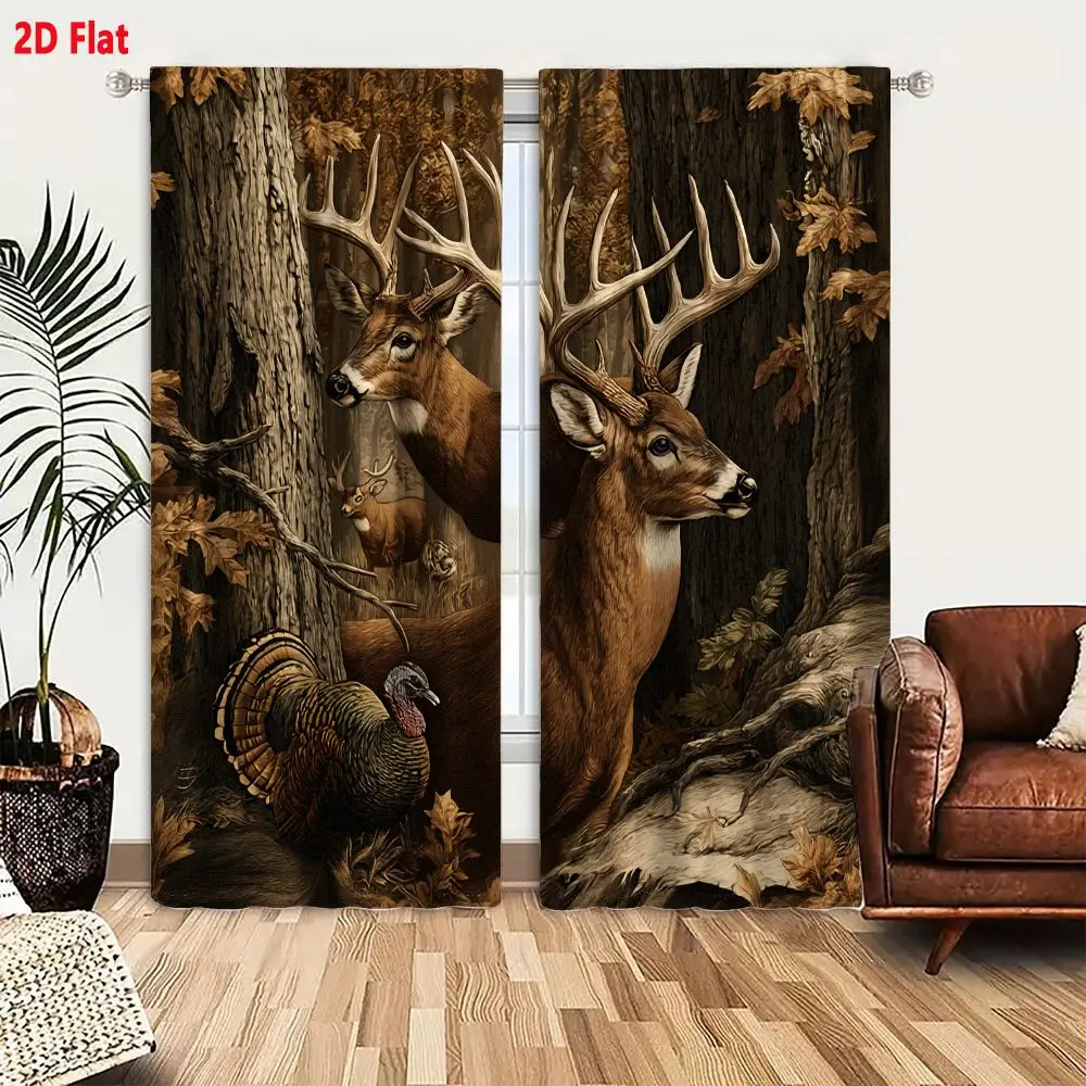2Pcs Curtains 2D Flat Autumn Forest Scene With Majestic White-Tailed Bucks And Displaying Wild Turkey Window Drapes for Bedroom