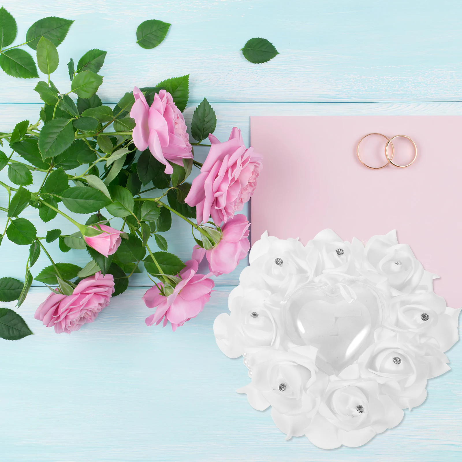 

Pearl Rose Ring Pillow Romantic Heart Shaped Wedding Lace Soft Holder Cushion Bridal Accessories DIY