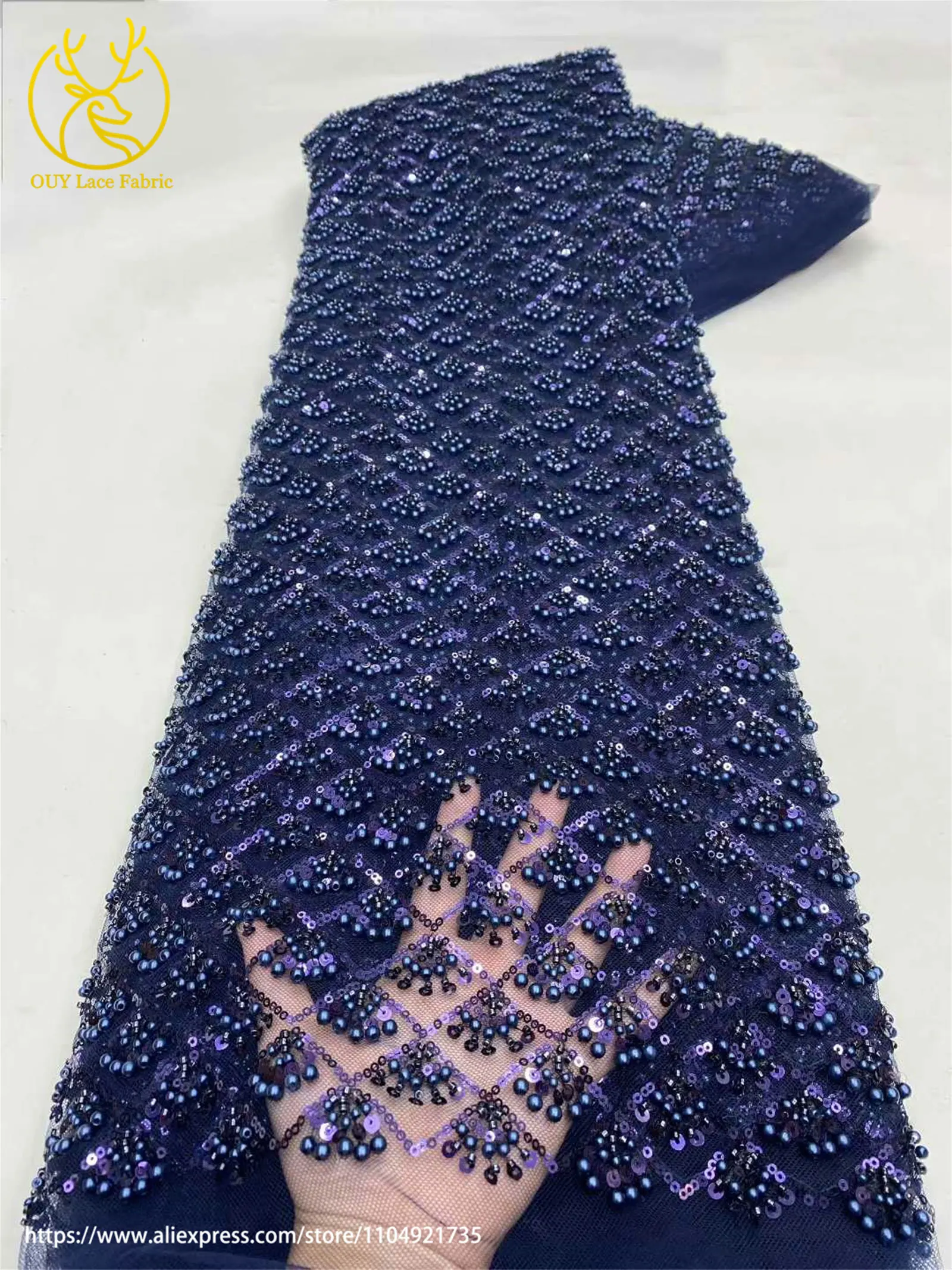 Afrikanischer Perlen-Spitzenstoff 2026 Himmelblau Neueste Nigerianische Französische Pailletten-Tüllspitze Brautkleid Hochzeitskleid Material – Detail 15