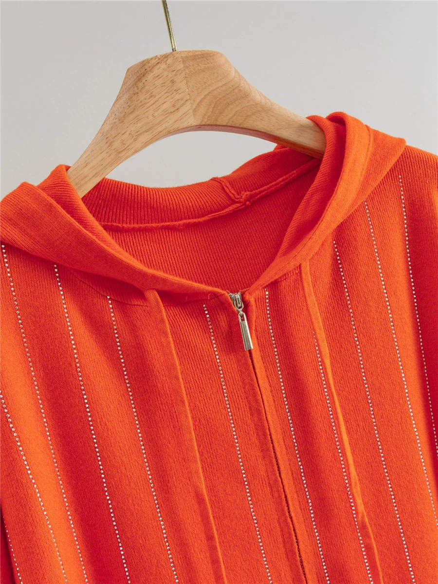 Ensemble 2 pièces tricoté pour femmes, Design strass, coréen, capuche, fermeture éclair, Cardigan ample, hauts, taille haute, pantalon à jambes larges, tenue