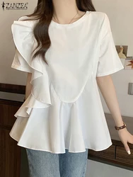 ZANZEA Summer Holiday Blouse Women Elegant Shirt Short Sleeve Ruffles Tops Tunic Femme Solid O Neck Blusas Casual Loose Cehmise