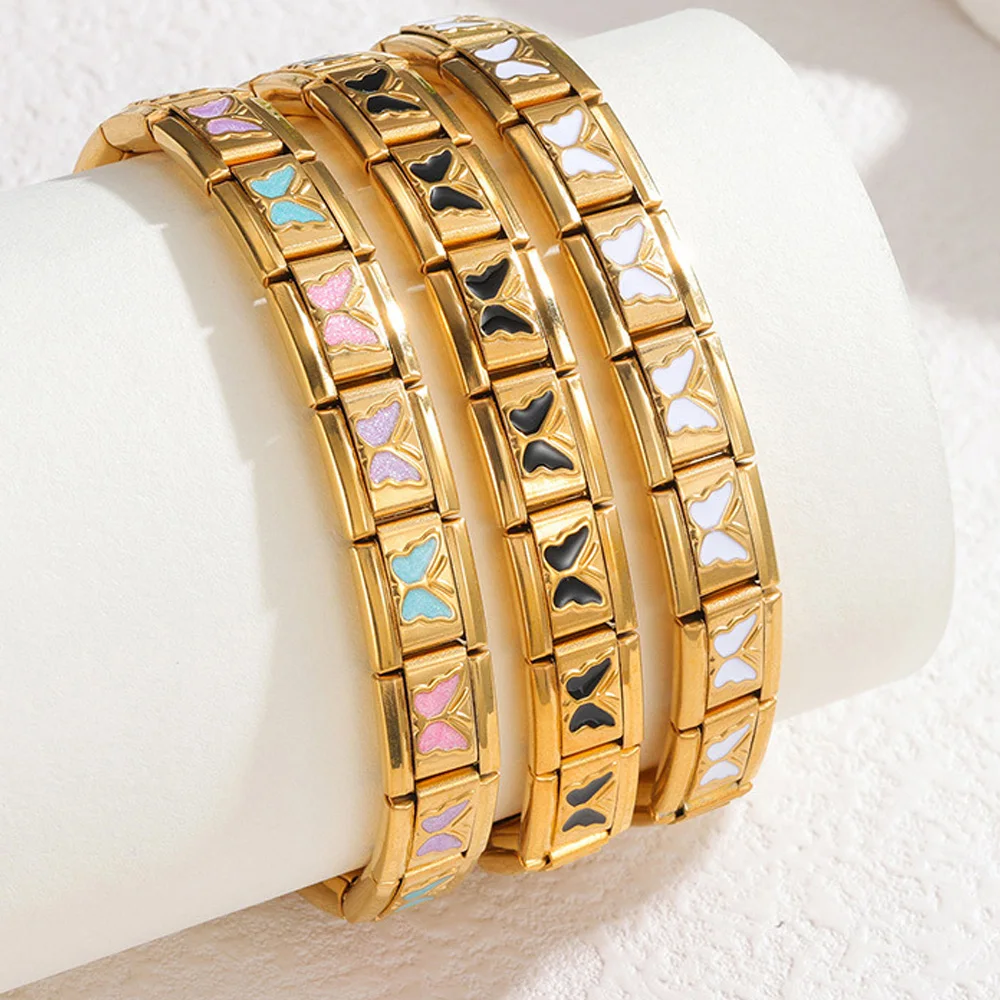 

Colorful Drip Oil Butterfly Heart Italian Charm Module Bracelet for Women Men DIY Detachable Elastic Titanium Steel Strap Chain