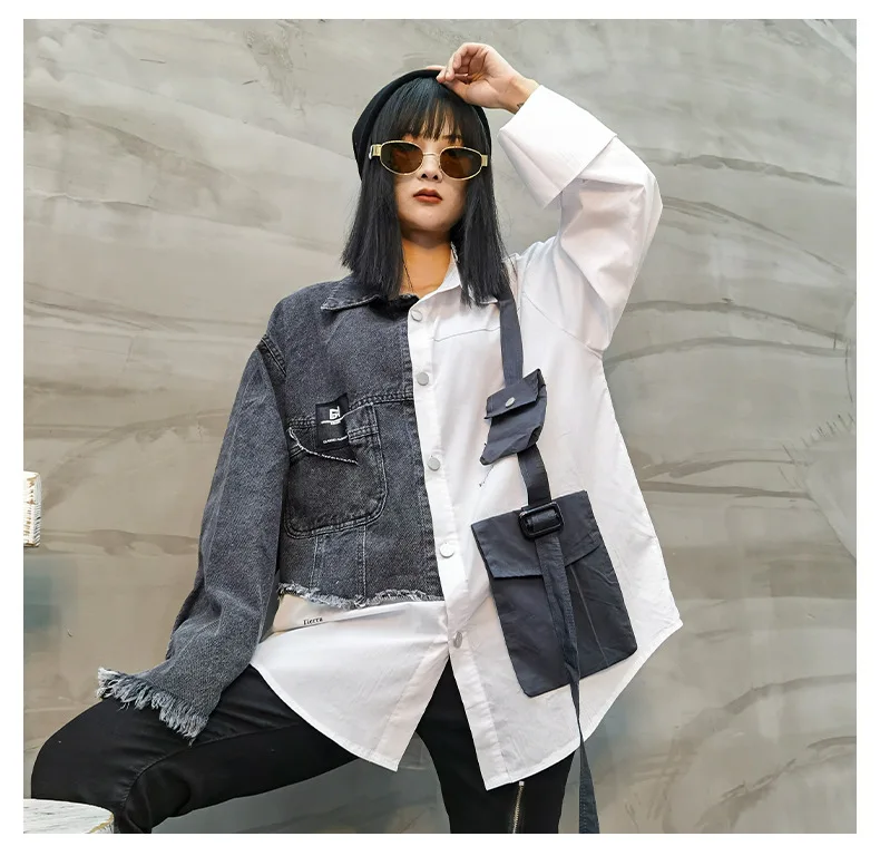 Vefadisa Denim Patchwork Women Blouse 2024 Spring Atumn Stitching Long Sleeve Blouse Asymmetrical Female Shirts QYF3949