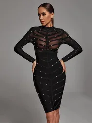 Nero Sexy See Through Rivet Bandage Dresses Women 2023 Mesh manica lunga Stripe Waist Party Dress elegante Bodycon Outfit BA046