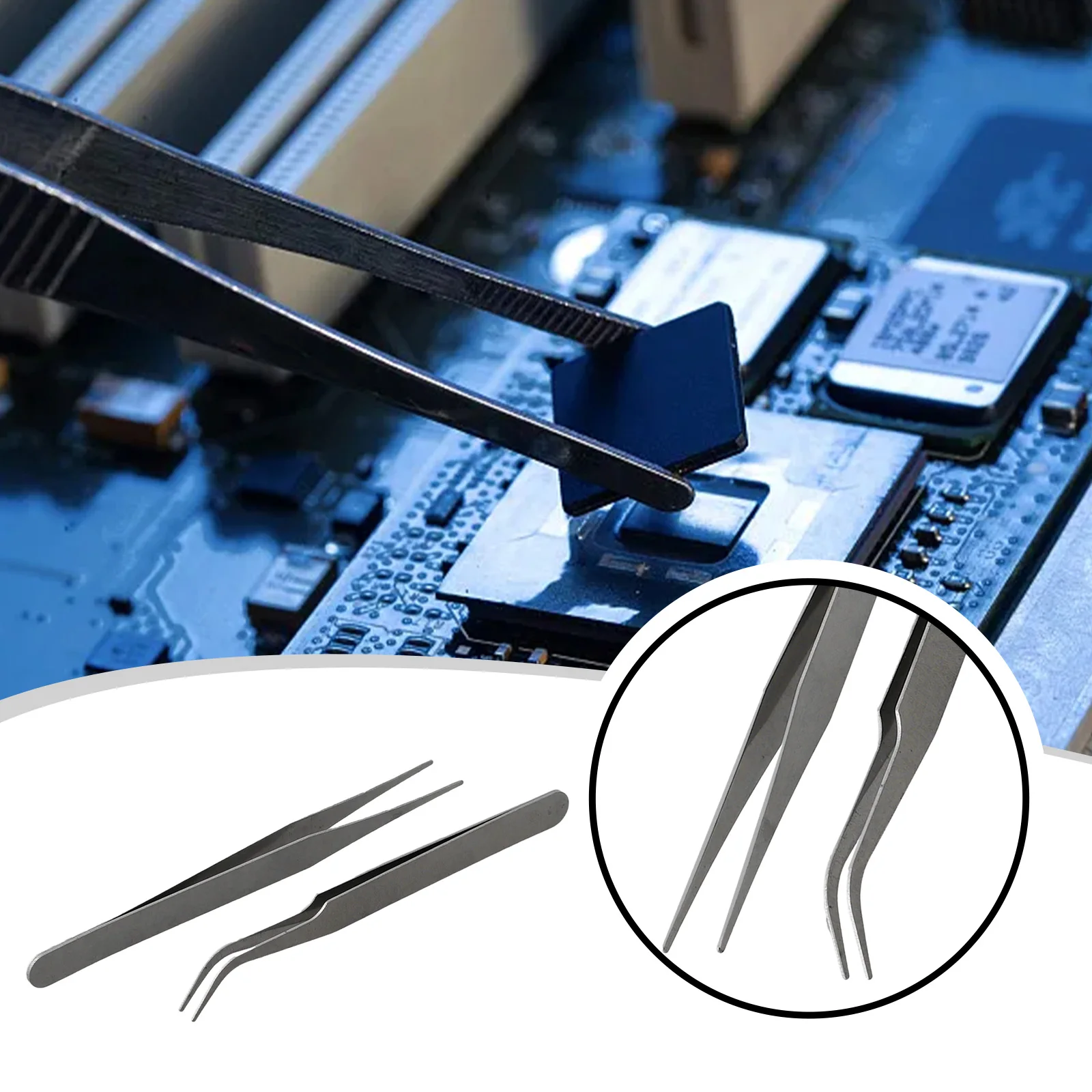 2pcs Tweezers Stainless Steel Mini Tweezers Kit Set of 2 with Curved and Straight Tips for Model Making and Repair