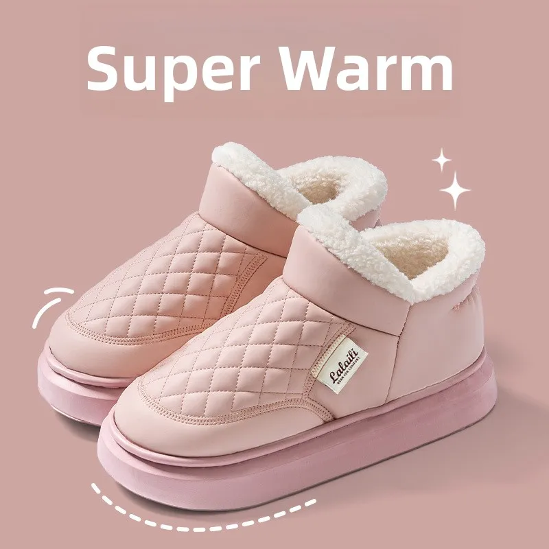 

Waterproof Cotton Slippers Unisex Winter Thickened Fleece Lined Slip-On Shoes Warm Outdoor Wear Anti-Slip EVA Sole