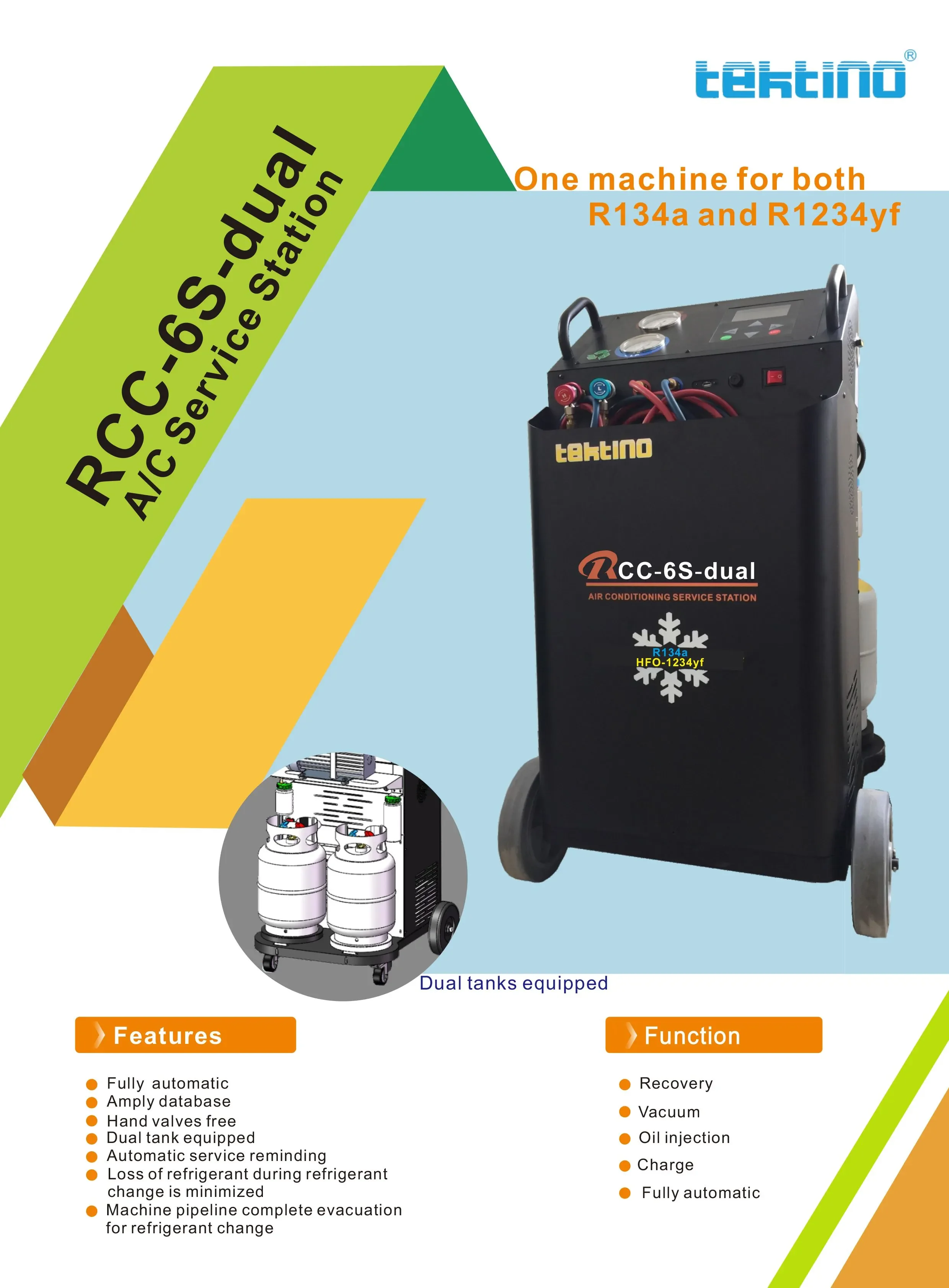 Tektino RCC-6S-Dual Refrigerant Recovery Recharge Machine, Fully Automatic with Dual Tank of R134a and HFO1234yf for Automotive