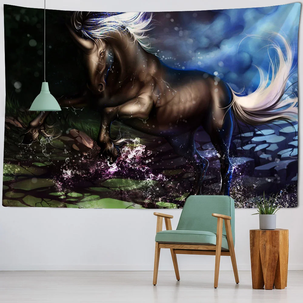 Horse tapestry, unicorn, fantasy forest, hippie home wall decoration, Bohemian dormitory studio living room bedroom decoration