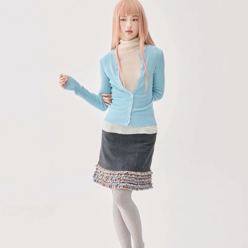 กระโปรงทรงเอลายสก็อตแต่งระบายสไตล์วิทยาลัยอเมริกันย้อนยุค  ผ้าลูกไม้ต่อผ้า  สำหรับผู้หญิง  คอลเลคชั่นฤดูใบไม้ร่วง-ฤดูหนาว  ใหม่ล่าสุด