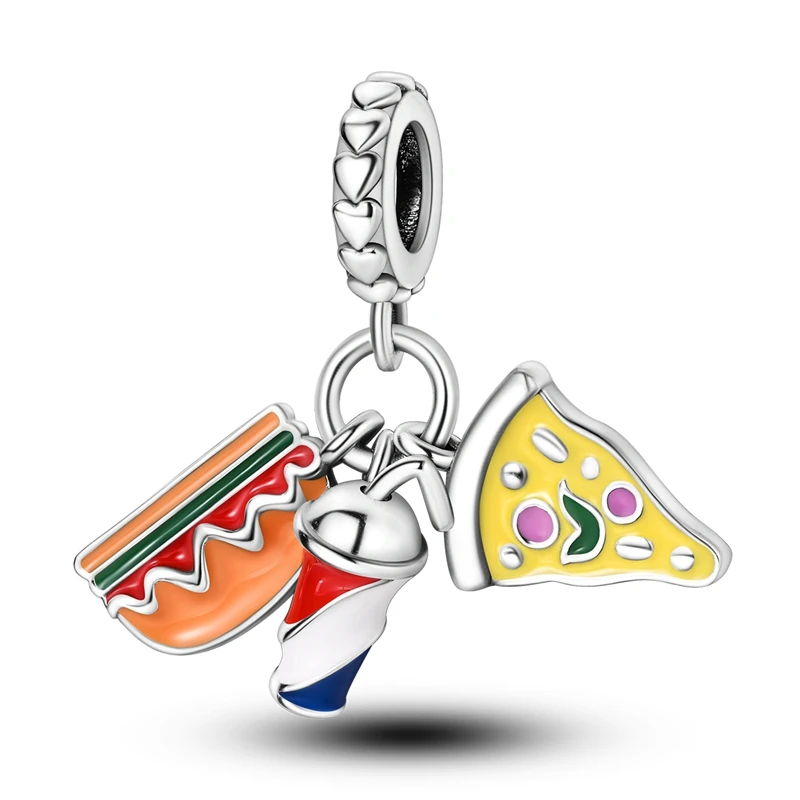 

New Arrivals 925 Sterling Silver Hot Dog Pizza Cola Dangle Charm Fit Pandora Bracelet Cute Food Series Jewelry Pendant