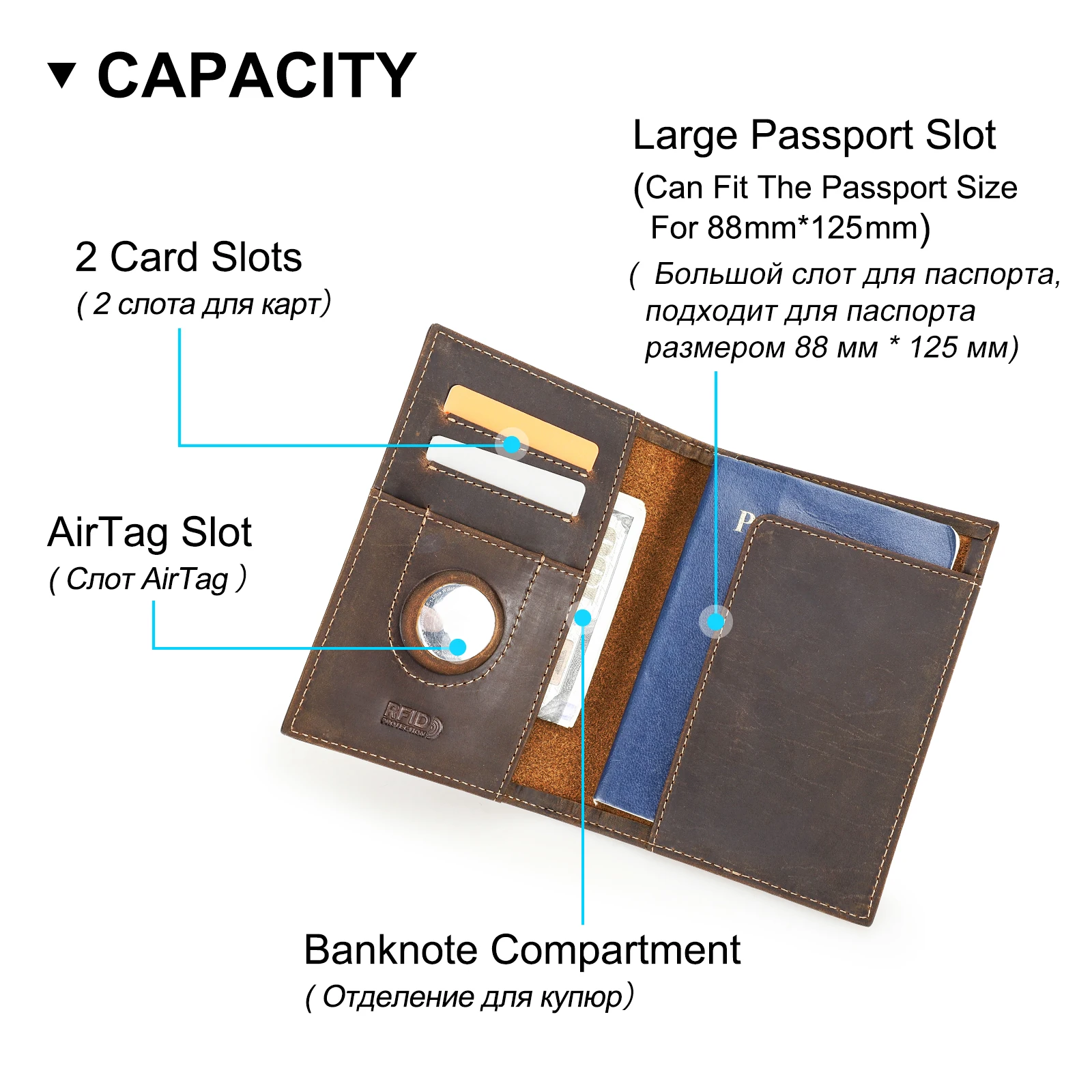 Crazy Horse Leather RFID Blocking Passport Holder, Travel Wallet, Ticket, Credit Card Wallet Customized Country Logo