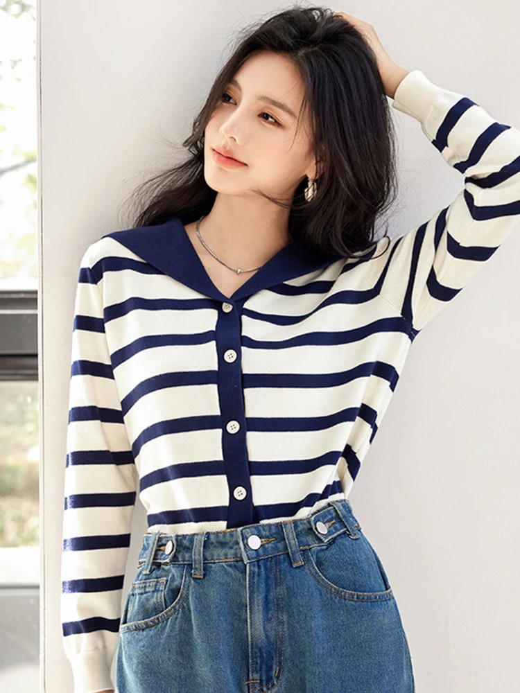 Fashion Navy Collar Knit Cardigan Women Design Sense Niche Long Sleeve Contrasting Color Sweater Retro Casual Loose Short Tops