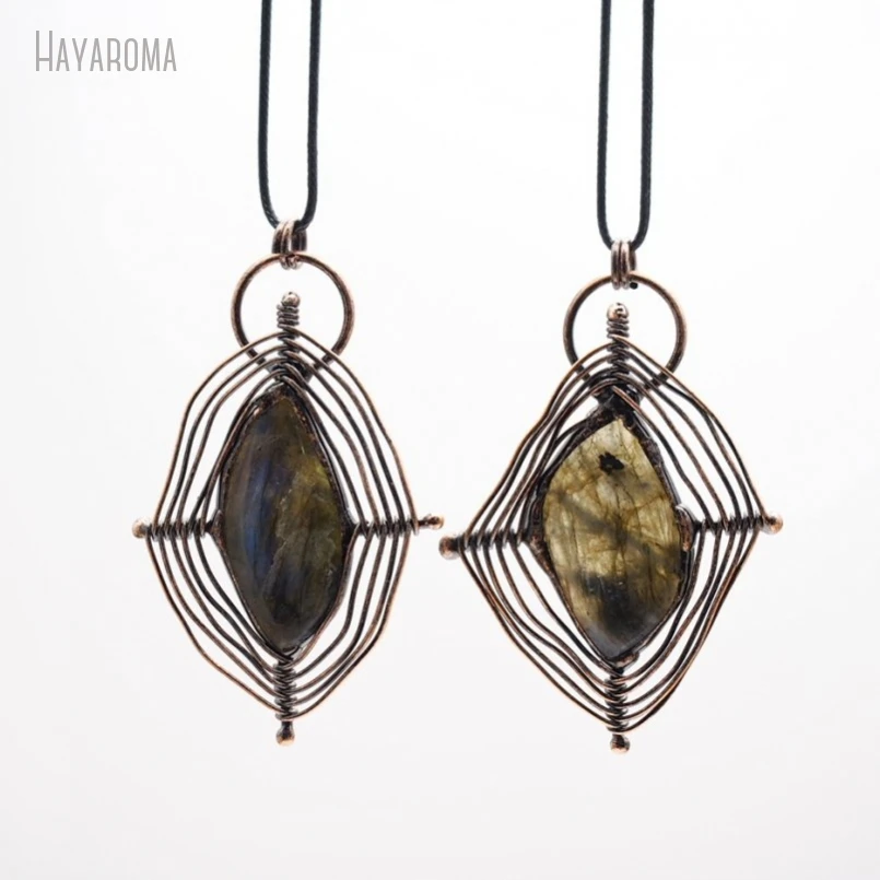 10Pcs Antique Bronze Color Leather Rope Labradorite Drop Free Form Teardrop Vintage Handmade Jewelry Necklace NM50084