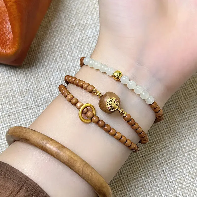 UMQ Natural Laoshan Sandalwood Bracelet Five Gods of Wealth Lucky Beads Bracelet Girl Clavicle Chain Fortune