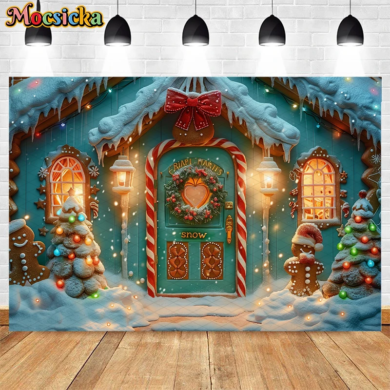 Mocsicka Photography Background Christmas Gingerbread House Winter Xmas Tree Kids Family Portrait Decor Backdrop Photo Studio