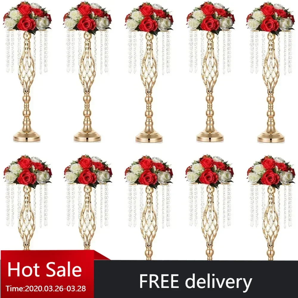 10pcs Bulk Gold Metal Flowers Floor Stand Living Room 21.7inch Tall Vases Decor Tables Centerpieces for Birthday Party Reception