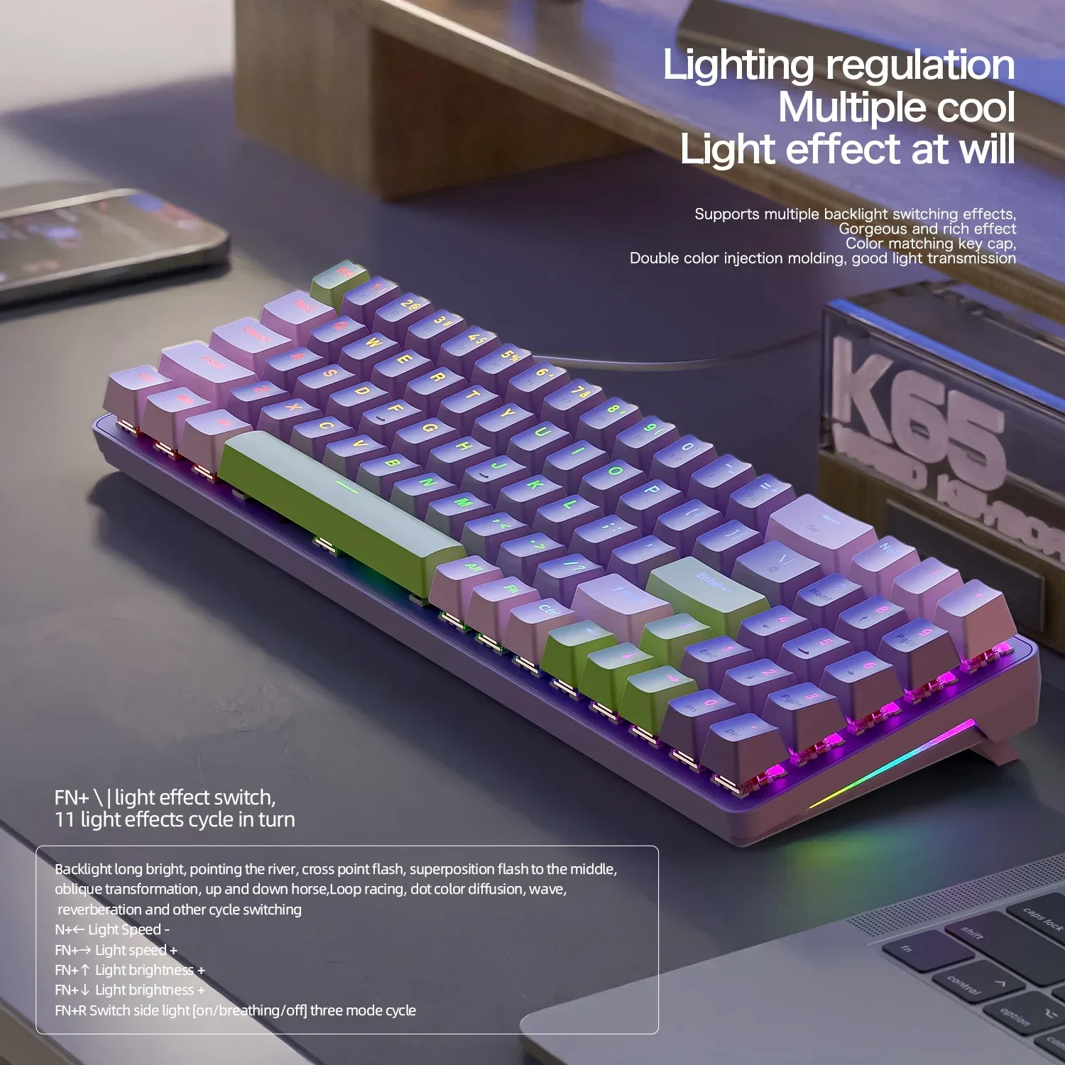 K65 78-toetsen bedraad mechanisch toetsenbord Rood/blauwe schakelaar Hot-swappable uitlaatstructie RGB-achtergrondverlichting Speciaal gamercadeau