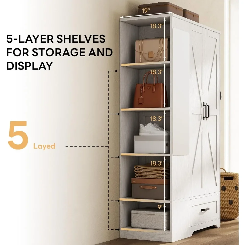 NEW-Armoire خزانة ملابس 70 بوصة، مساحة تخزين كبيرة مع مرآة، بابين، درج، أرفف، غرفة نوم حديثة خشبية قائمة بذاتها
