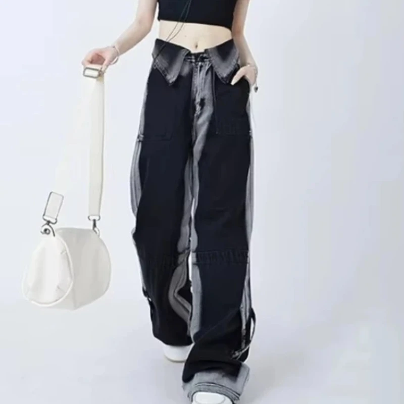 Contrast Color Jeans Women Clothing High Waist Fashion Y2k Wide Leg Pants 2025 New Bottoms Casual Straight Denim Pantalon Femme
