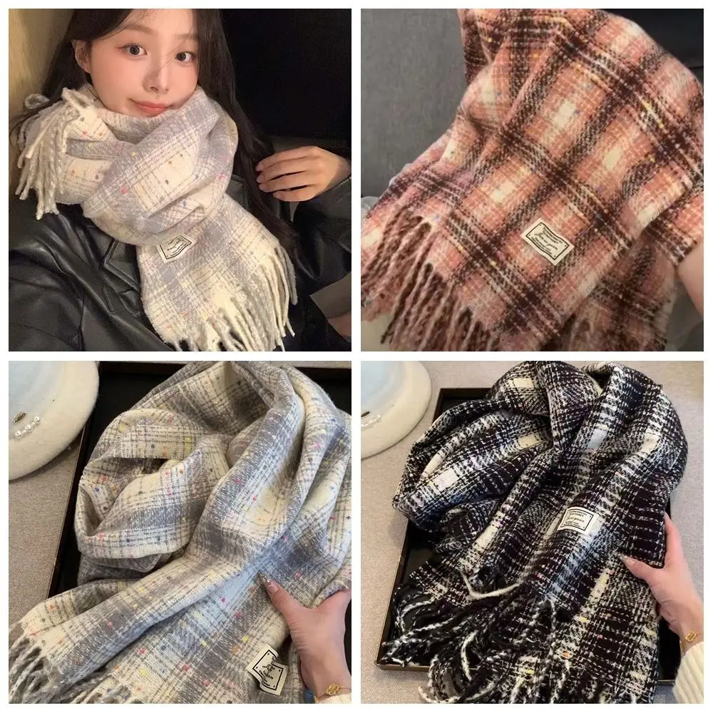 Classic Tassel Rainbow Bean Plaid Scarf Cashmere Shawl Plush Winter Cashmere Scarves Wool Scarves Solid Color Long Shawl Girl