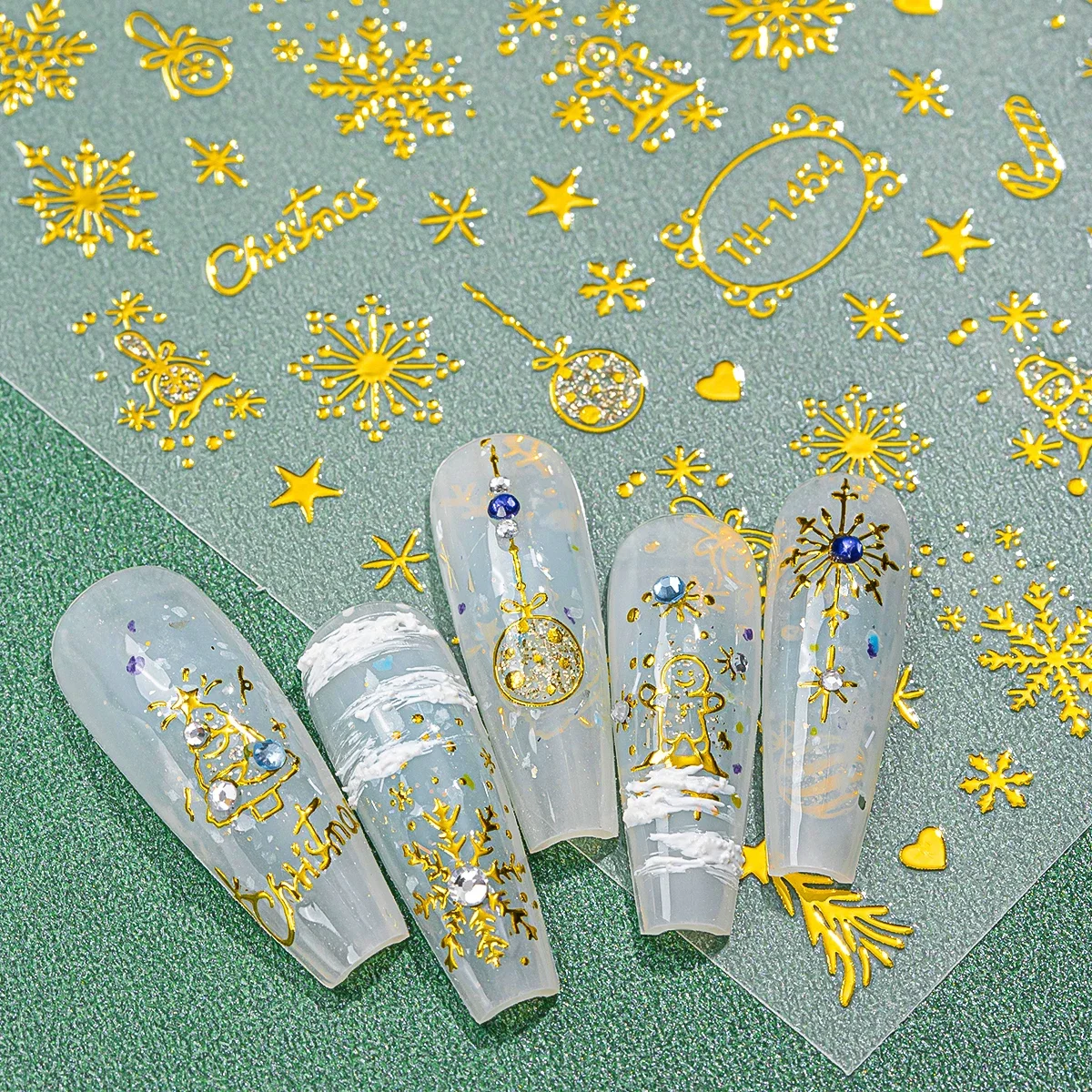 2 uds Navidad 3D copos de nieve dorados estrellas campanas bastón caramelo autoadhesivo Nail Art pegatina para decoración de manicura DIY