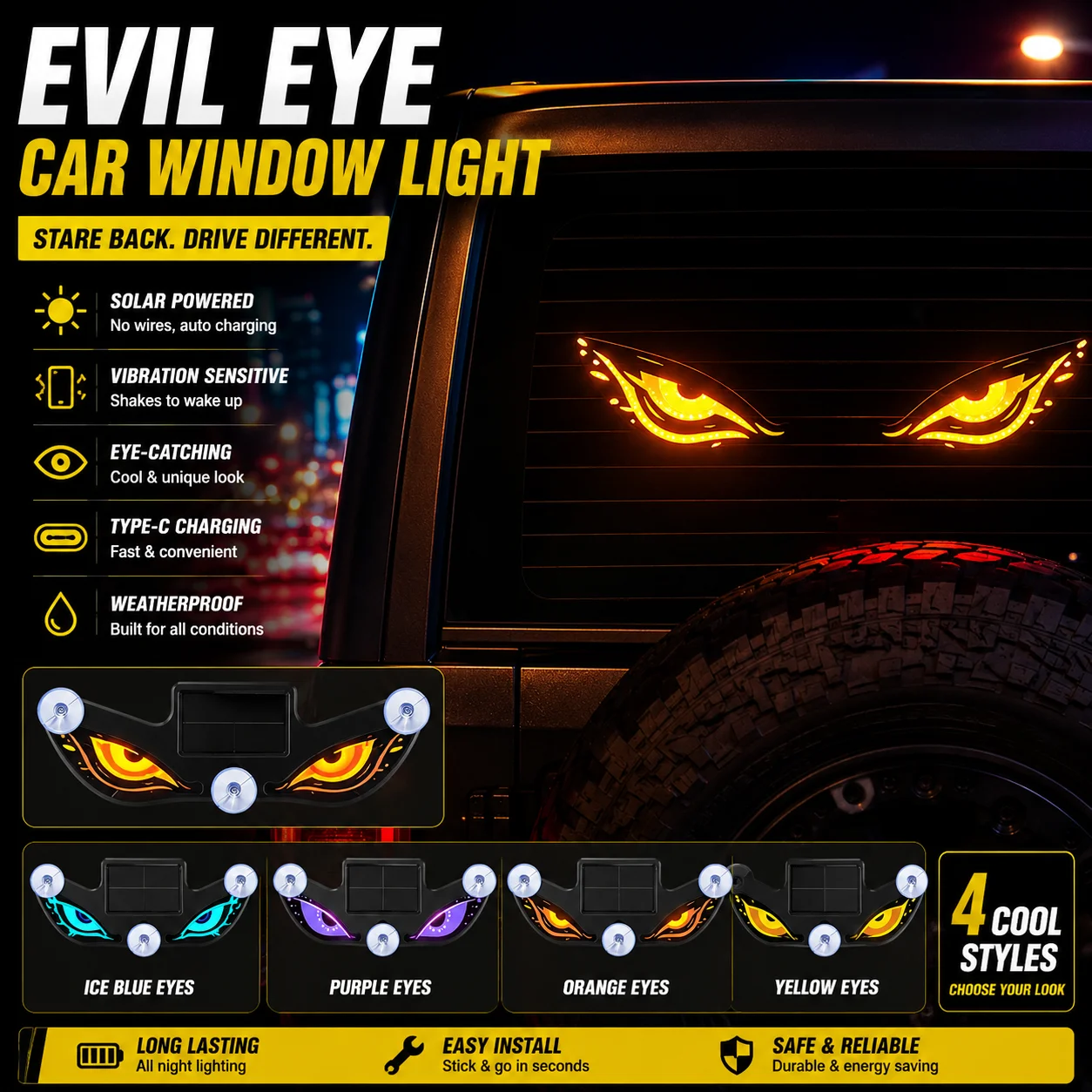 Solar Vibration Sensor Car Eye Light Blinking Window Decor LED Atmosphere Lamp Suction Cup Type-C Rechargeable Auto Interior Acc