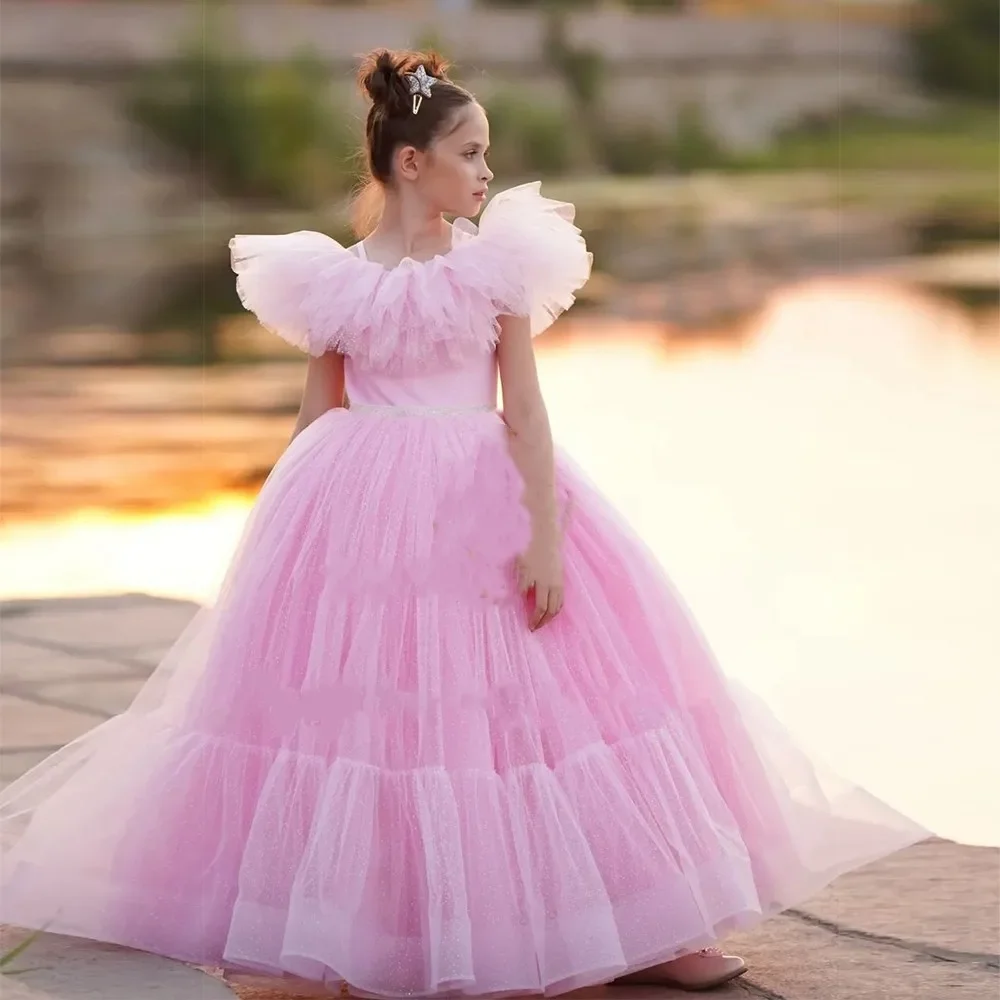 Pink Flower Girl Dresses Soft Tulle with Soft Tulle 2023 Sleeveless Scoop Wedding Party Birthday Communion Gowns