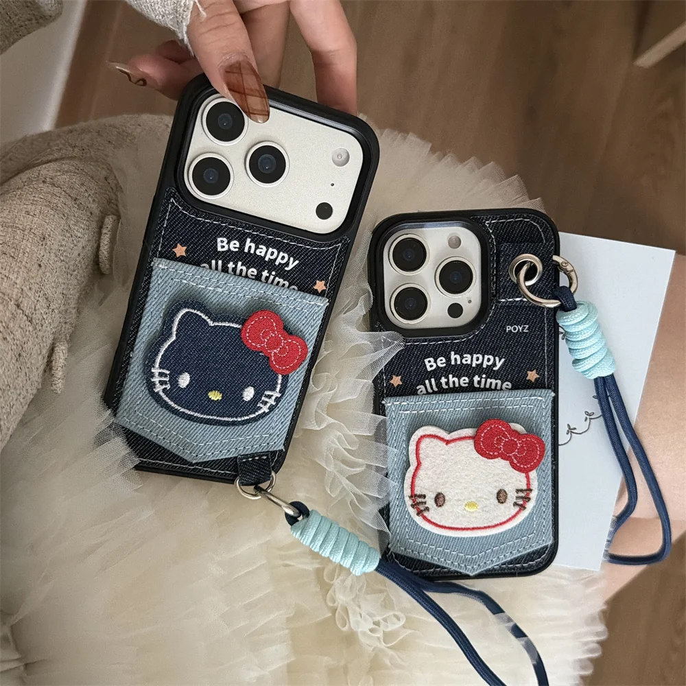 

Fashion Denim Embroidered Hellokitty Phone Case With Card Slot For iPhone 16 13 15 14 Pro Max 17 Fundas With Hand Strap Cover Ca