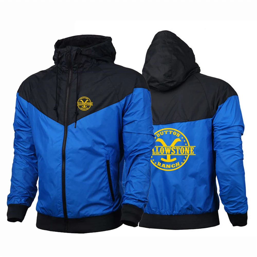 

2025 Spring Autumn Patchwork Windproof Hooded Casual Coat Men's Hot Yellowstone Dutton Print Personality Breathable Thin Jackets