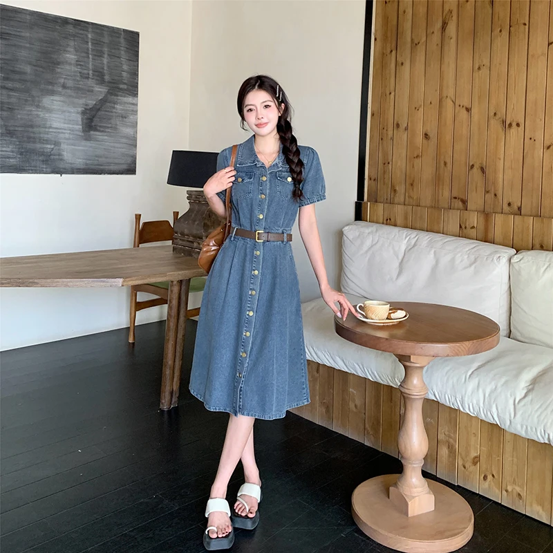 

Plus Size Retro Blue Denim Dress Women Summer Short Sleeve Turn Down Collar Single Breasted A-Line Dress Loose Casual Jean Dress