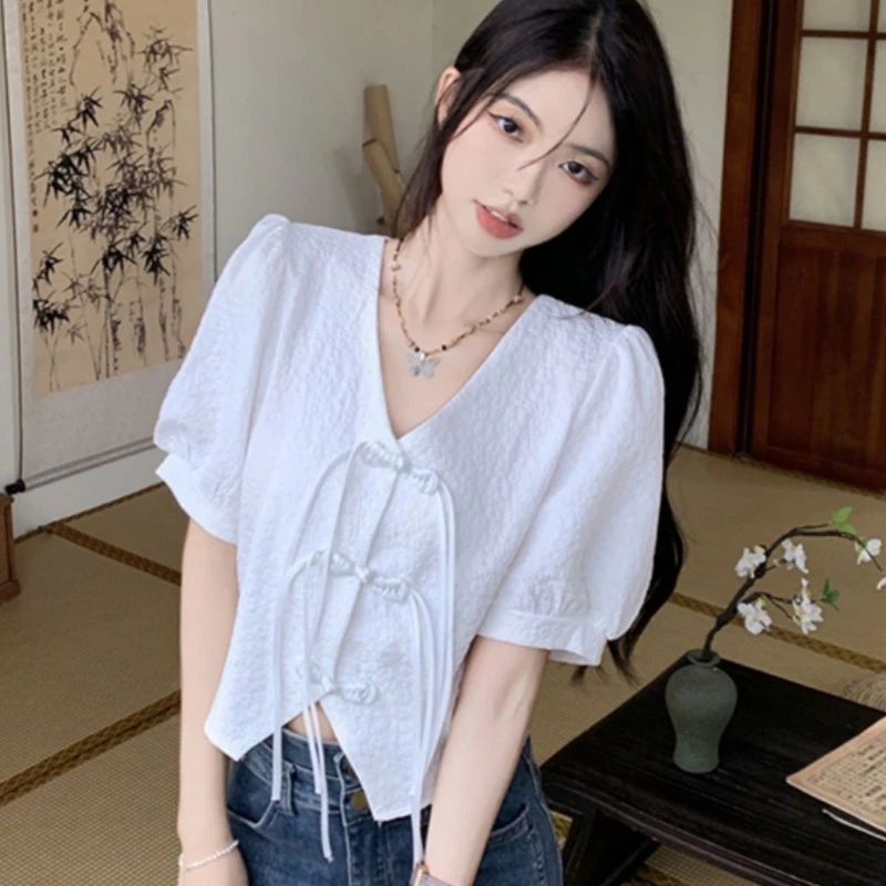 Shirts Women Gentle Temper Summer New Vintage V-neck Chinese Style Fashion Aesthetic Solid Loose Casual Comfort  Charming