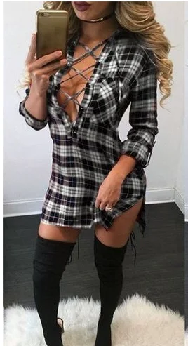 

Женское клетчатое платье-рубашка на шнуровке с разрезом и длинным рукавом, свободного покроя, стильное повседневное платье