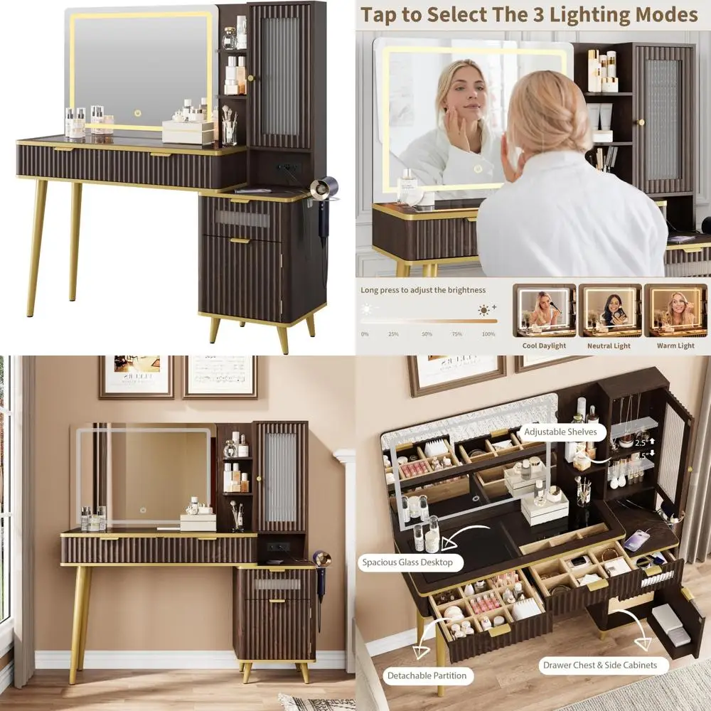モダンなガラス天板の化粧台、フルーテッドデザイン、LED照明付きミラー、充電ステーション付き