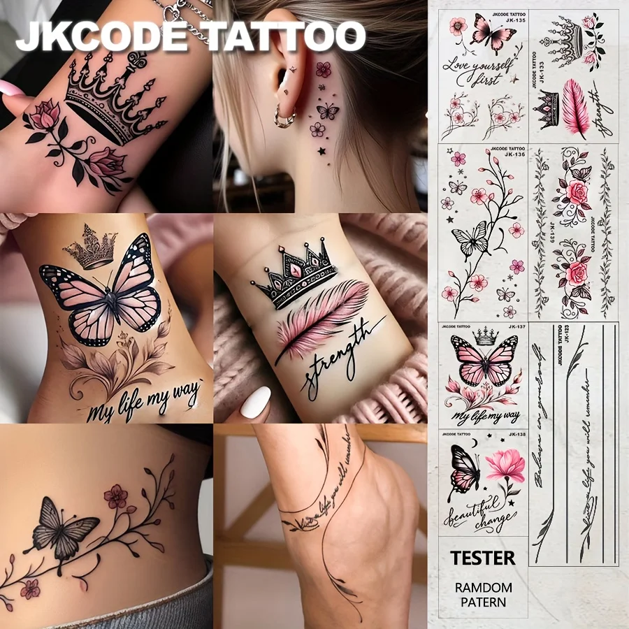 

8Pcs Romantic Elegant Style "Pinky Rose Butterfly" Large Size Colorful Daily Temporary Tattoos, Waterproof Lasts 3-5 Days