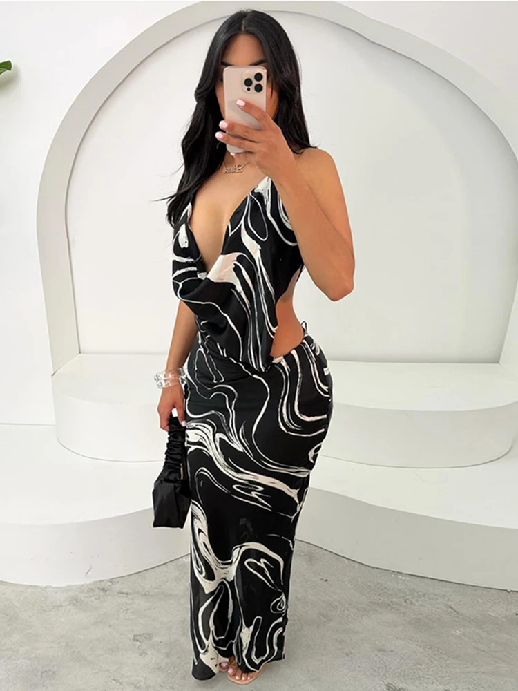 Robe Sexy à col pivotant pour femmes, Coquette fine Y2K, imprimé coloré, fente latérale, dos nu, Clubwear de minuit, moulante