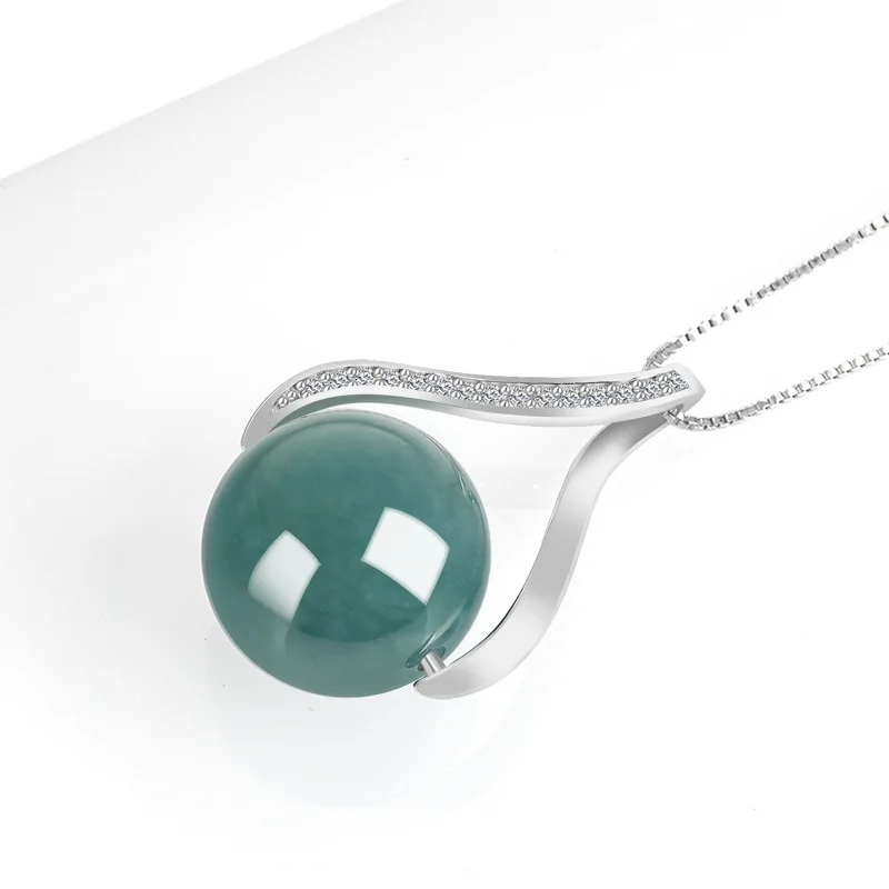 Natural A-grade Jade Blue Water Ball Pendant Glutinous Seed Jadeite S925 Silver Inlaid Fashionable Simple Women's Gifts Jewelry