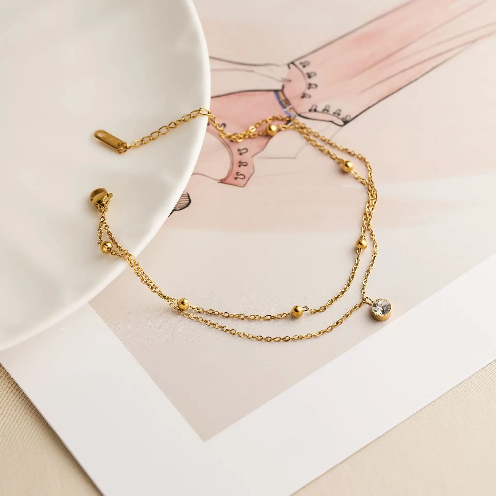 Two-layer Bead Bracelet & Anklet Set, Single Zircon 18K Gold Plated Hypoallergenic Stainless Steel Women Jewelry