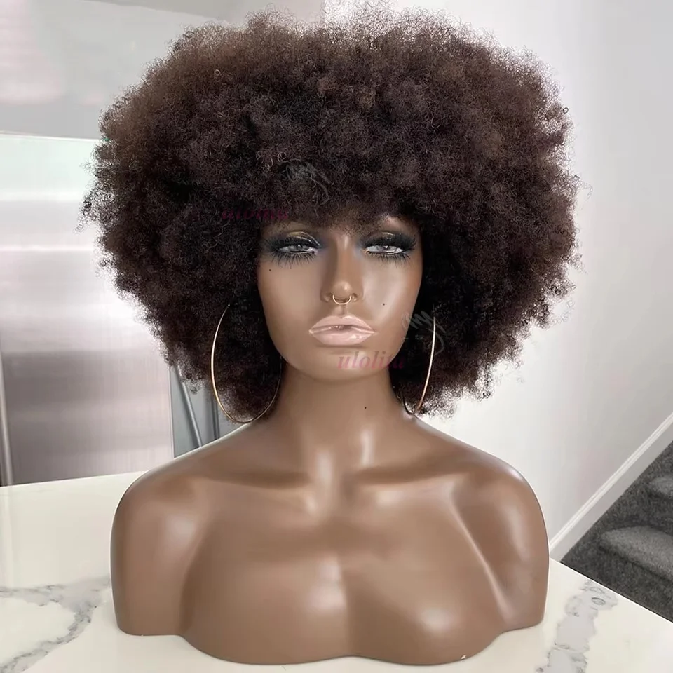 Afro Kinky Curly Kurze Echthaar-Perücken mit Dickem Pony, Flauschige Natürliche Bob-Perücke, Kleberlose Brasilianische Vollmaschinenperücken im Angebot – Detail 8