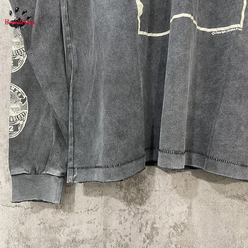 جديد غسلها سانت كم طويل تي شيرت الرجال امرأة المتضخم زوجين عادية الربيع الصيف التالفة الجولة الرقبة بلايز المحملة الموضة