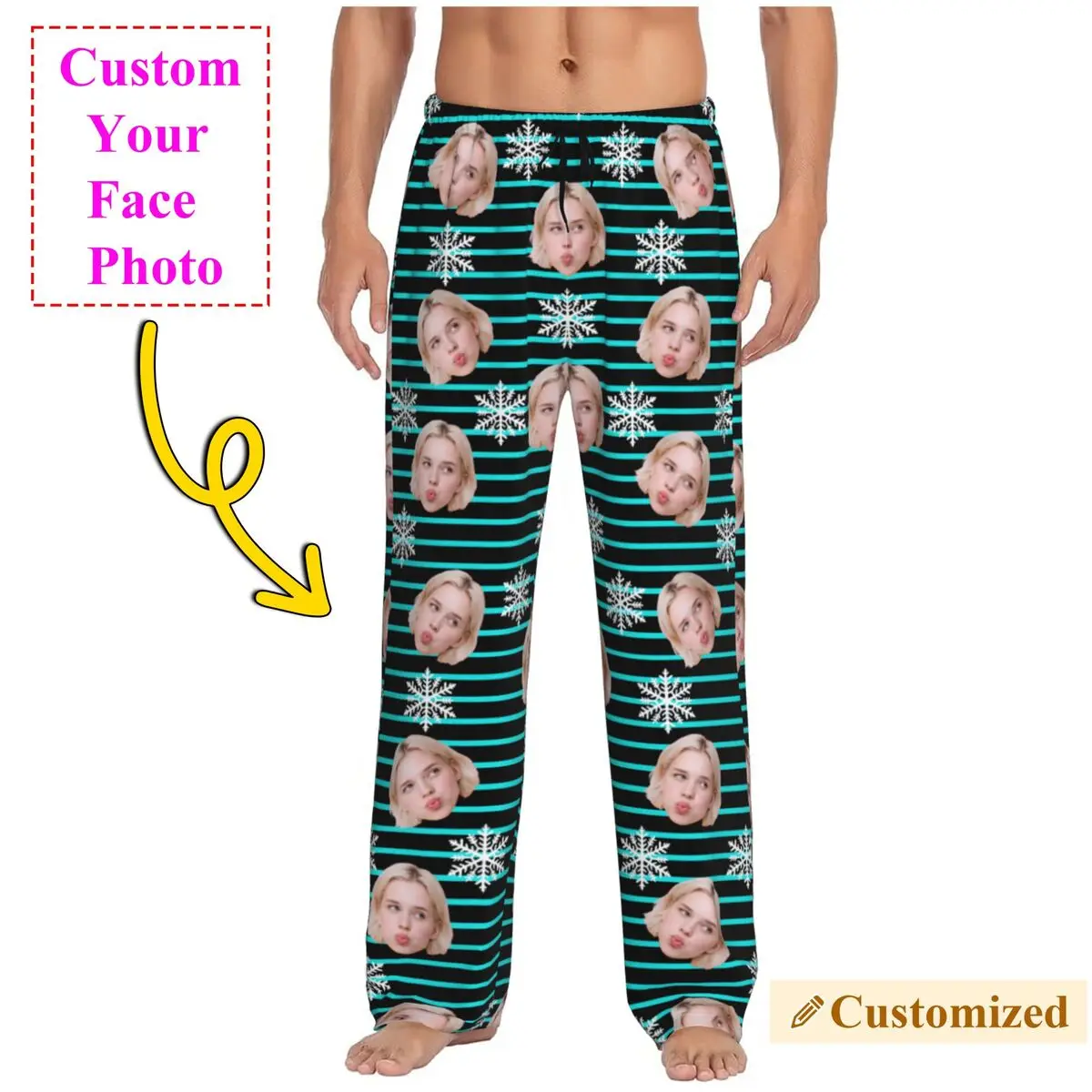 Pantalones de pijama personalizados con foto de cara navideña para hombre, ropa de dormir, pantalones elásticos con bolsillos
