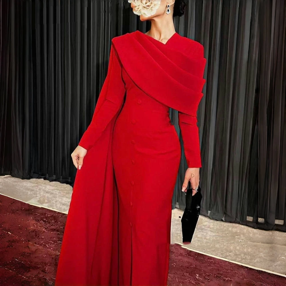 

Elegant Red Formal Dress Evening Gown Long Sleeves Front Slit Prom Dresses For Women Customized Wedding Party Wear