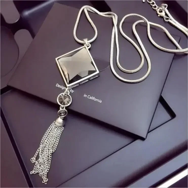 Fashion Swan Snowflake Long Necklace Sweater Chain Metal Chain Square Tassel Women Girls Pendant Necklaces  Accessories Jewelry