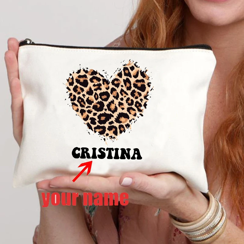 

Heart Print Leopard Print Pattern Name Customization White Makeup Bag Canvas Wash Bag Fashion Travel Lipstick Storage Bag Wallet