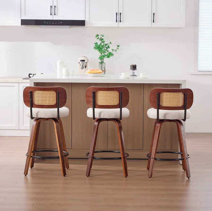 # Height Bar Stools Walnut Black Cane Rattan Back Beige Linen Upholstered Seat Swivel Eco-Friendly Gym